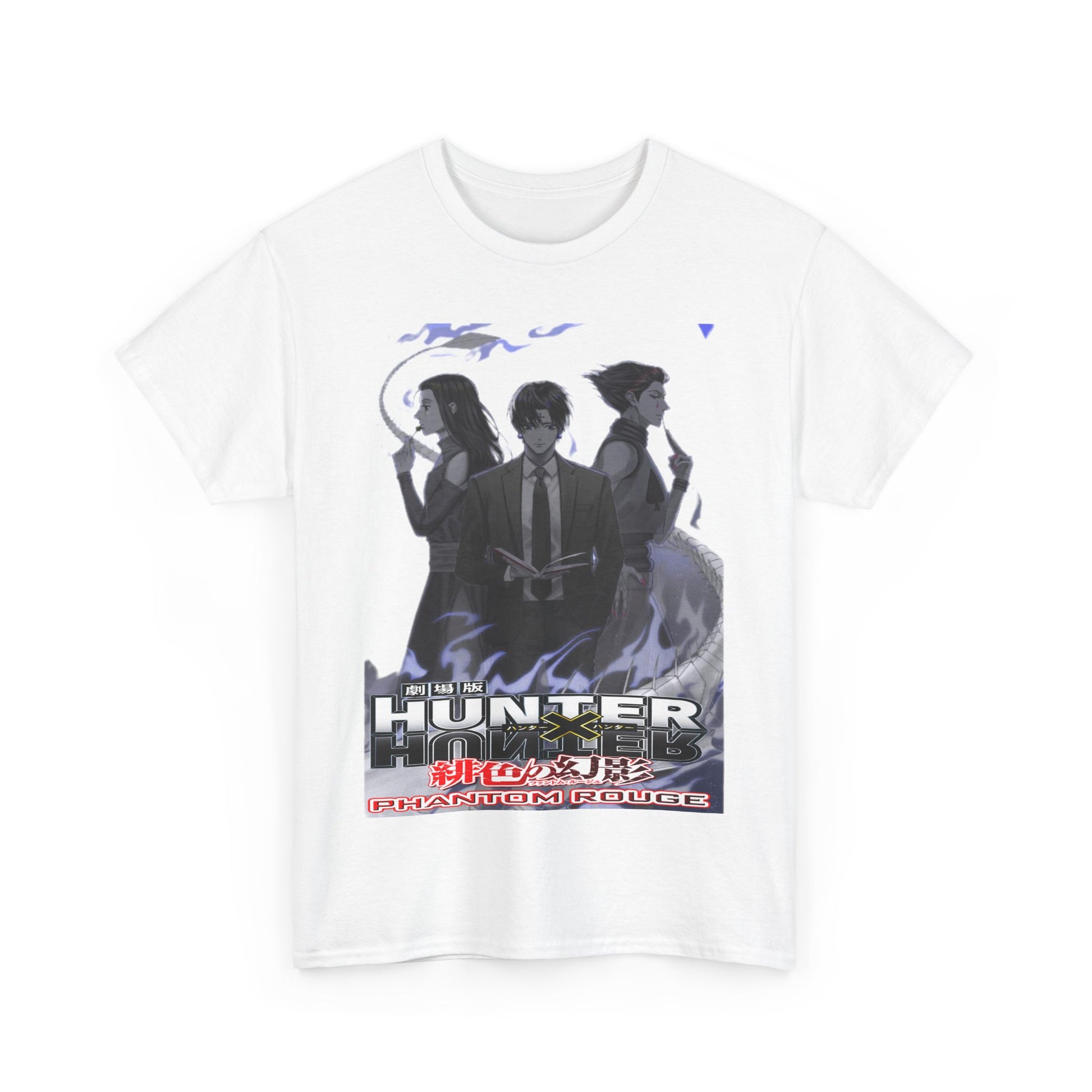 Elegantly designed Hunter x Hunter Phantom Rouge T-shirt featuring a striking grayscale illustration of iconic characters against a dynamic smoky backdrop, ideal for anime enthusiasts.