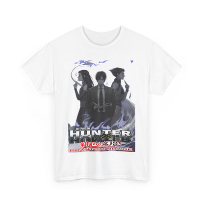 Elegantly designed Hunter x Hunter Phantom Rouge T-shirt featuring a striking grayscale illustration of iconic characters against a dynamic smoky backdrop, ideal for anime enthusiasts.