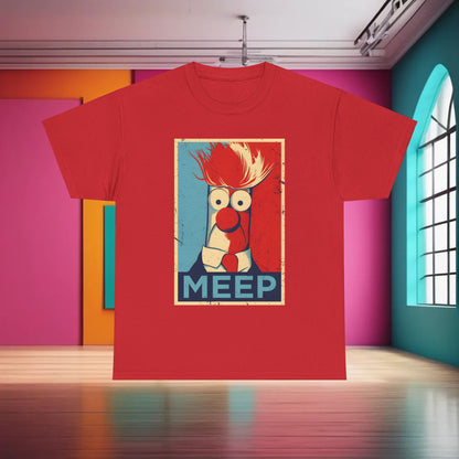 Luxury Muppets Beaker Meep Graphic T-Shirt in bright red, adorned with a playful Beaker illustration, perfect for adding flair to any ensemble.