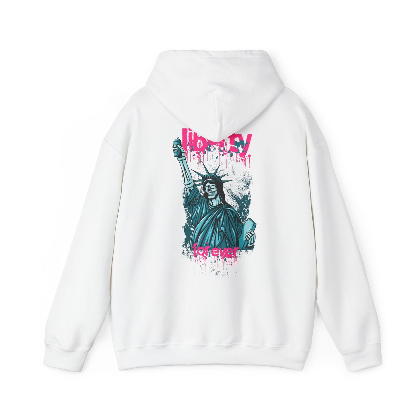 Luxurious white hoodie featuring a striking back graphic of a stylised Statue of Liberty, adorned with vibrant turquoise hues and bold pink graffiti text reading 'Liberty for ever'. A unique blend of urban artistry and contemporary fashion.