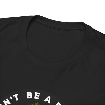 Close-up image of a black t-shirt collar, designed with comfort in mind, featuring a unique cactus and skull graphic with the phrase 'DON'T BE A PRICK' for a light-hearted touch.