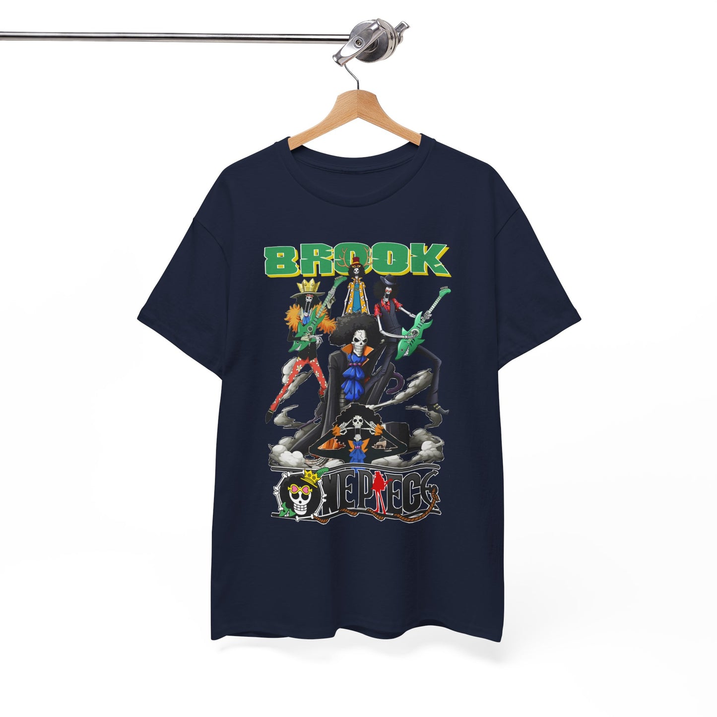 Stylish hanging display of a luxury men's t-shirt featuring a vibrant graphic of Brook and his crew, elegantly showcasing its unique design and premium fabric.