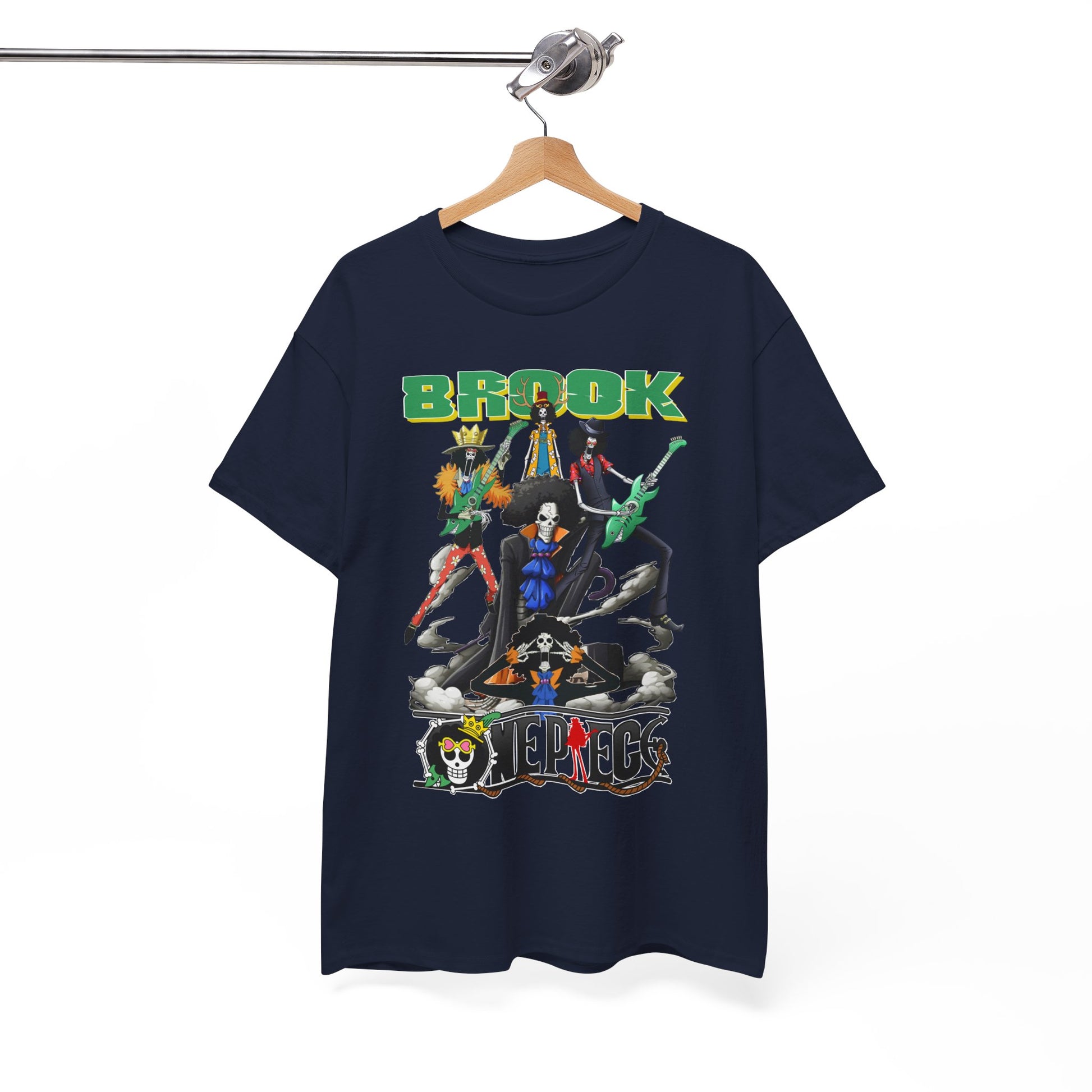 Stylish hanging display of a luxury men's t-shirt featuring a vibrant graphic of Brook and his crew, elegantly showcasing its unique design and premium fabric.