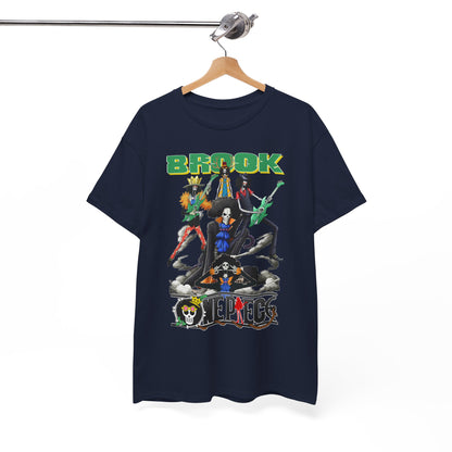 Stylish hanging display of a luxury men's t-shirt featuring a vibrant graphic of Brook and his crew, elegantly showcasing its unique design and premium fabric.