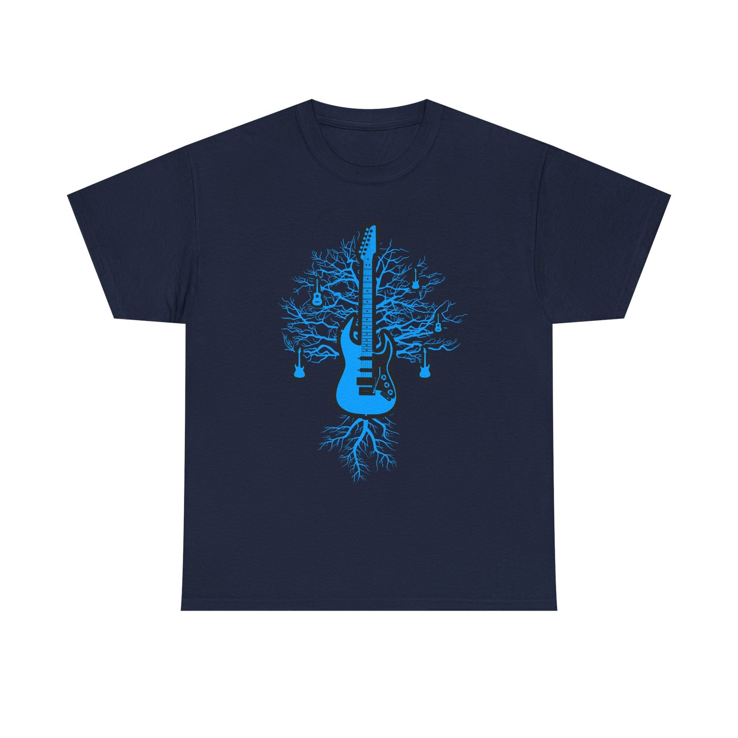 Sophisticated navy t-shirt displaying a bold electric guitar with tree roots design in blue, tailored for discerning individuals passionate about music and art.
