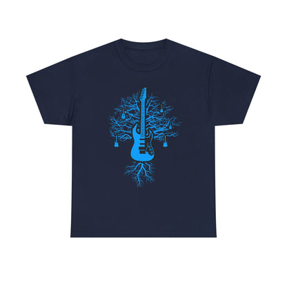 Sophisticated navy t-shirt displaying a bold electric guitar with tree roots design in blue, tailored for discerning individuals passionate about music and art.