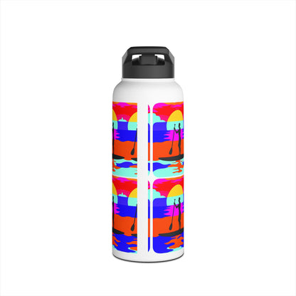Fantasy Paddleboarding Stainless Steel Water Bottle adorned with vibrant graphics of paddleboarders, combining style and practicality for luxury hydration on adventures.