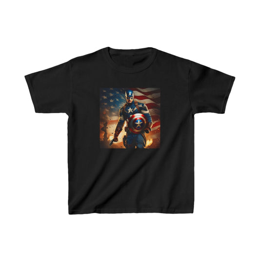 Kids Heavy Cotton Captain America Tee in black, showcasing a dynamic image of Captain America with his iconic shield, perfect for children who love heroes.