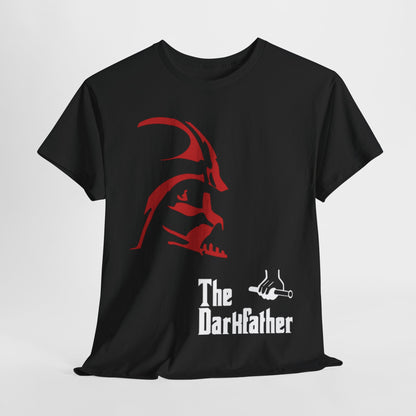 Luxurious graphic tee featuring 'The Darkfather' design, a striking red silhouette inspired by classic cinema and sci-fi, elegantly displayed on a premium black shirt.