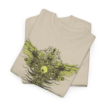 Elegant men's t-shirt stacked, showcasing a stunning decorative cross and stylized wings graphic in vibrant yellow accents on a neutral beige background.