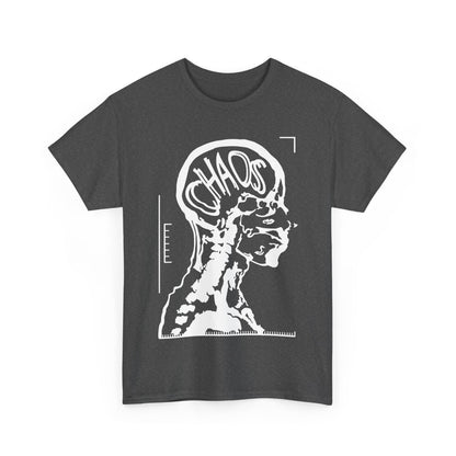 CHAOS Graphic Unisex T-Shirt in Premium Cotton showcasing an elegant black and white X-ray design of a human head, artfully illustrating the concept of chaos for a sophisticated look.
