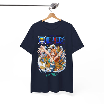 Luxury navy blue t-shirt featuring a vibrant anime-inspired illustration of Nami from One Piece, surrounded by treasures like gold coins and jewels, elegantly captured in a joyful and adventurous design.