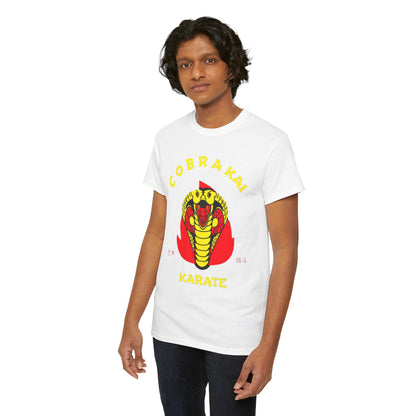 Elegant unisex t-shirt showcasing a vibrant Cobra Kai graphic, perfect for showcasing passion for martial arts with a stylish and humorous touch.
