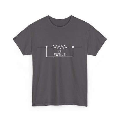 Front view of the chic 'Resistance is Futile Borg Star Trek Graphic Tee Shirt' illustrating minimalist design with the phrase 'IS FUTILE' integrated into a resistor graphic.
