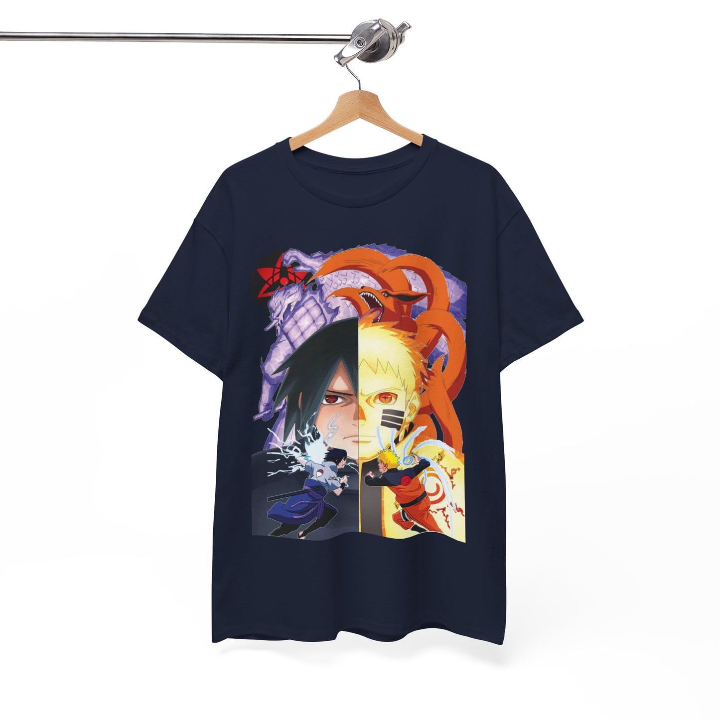 High-quality navy T-shirt prominently hanging, showcasing a stunning split-image artwork of anime legends Sasuke and Naruto, perfect for collectors and fashion-forward fans.