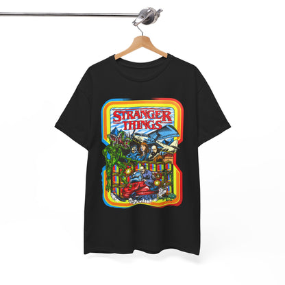 Elegant black T-shirt displayed on a wooden hanger, adorned with a striking Stranger Things design, merging vintage arcade aesthetics with modern fashion.
