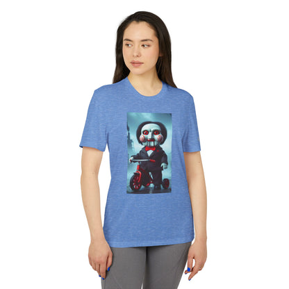 Another perspective of the Adidas Unisex Halloween Jigsaw Cute T-shirt, displaying its vibrant Jigsaw character design, perfect for Halloween enthusiasts.