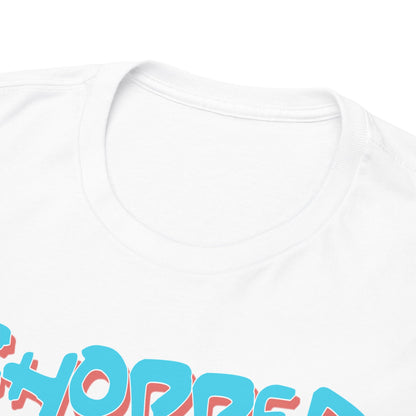 Close-up shot of the soft neckline of a white t-shirt adorned with bold 'CHOPPER' typography in vibrant blue and pink, perfect for anime enthusiasts.