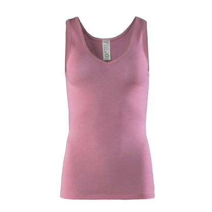 Luxury women's vest made from organic wool and silk, featuring a slim fit and deep V-neck, ideal for elegant layering or standalone wear.
