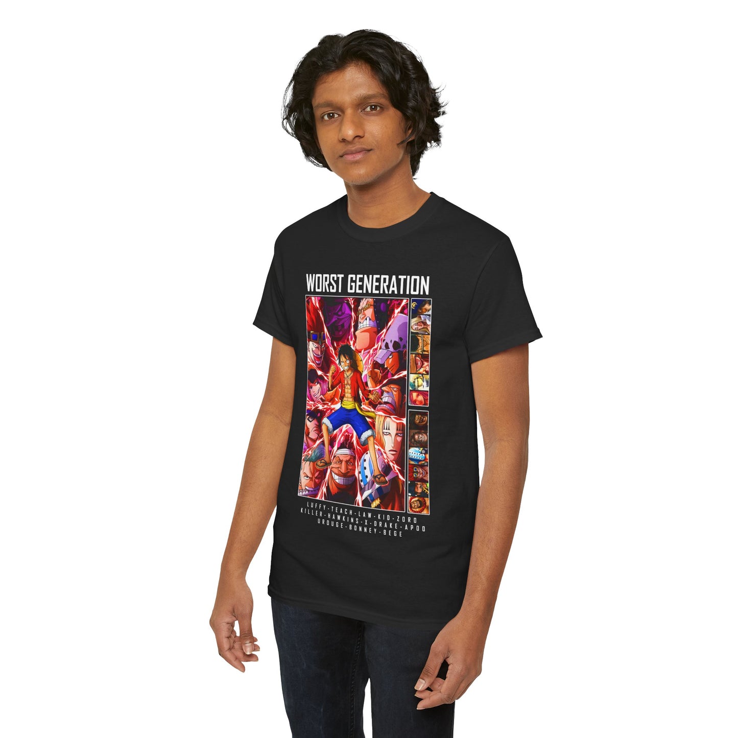 Another view of a fashionable T-shirt on a model, featuring striking characters from One Piece's"Worst Generation" in an exquisite design.