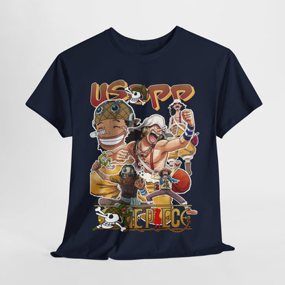 Artfully displayed navy blue t-shirt featuring a striking collage of Usopp and his companions from a popular anime series, designed for those with a passion for high-quality apparel.