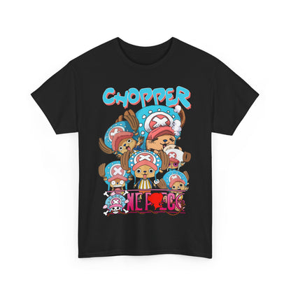 Stylish black t-shirt featuring an exuberant graphic of Chopper from anime, adorned with vibrant colours and playful expressions, perfect for anime enthusiasts.