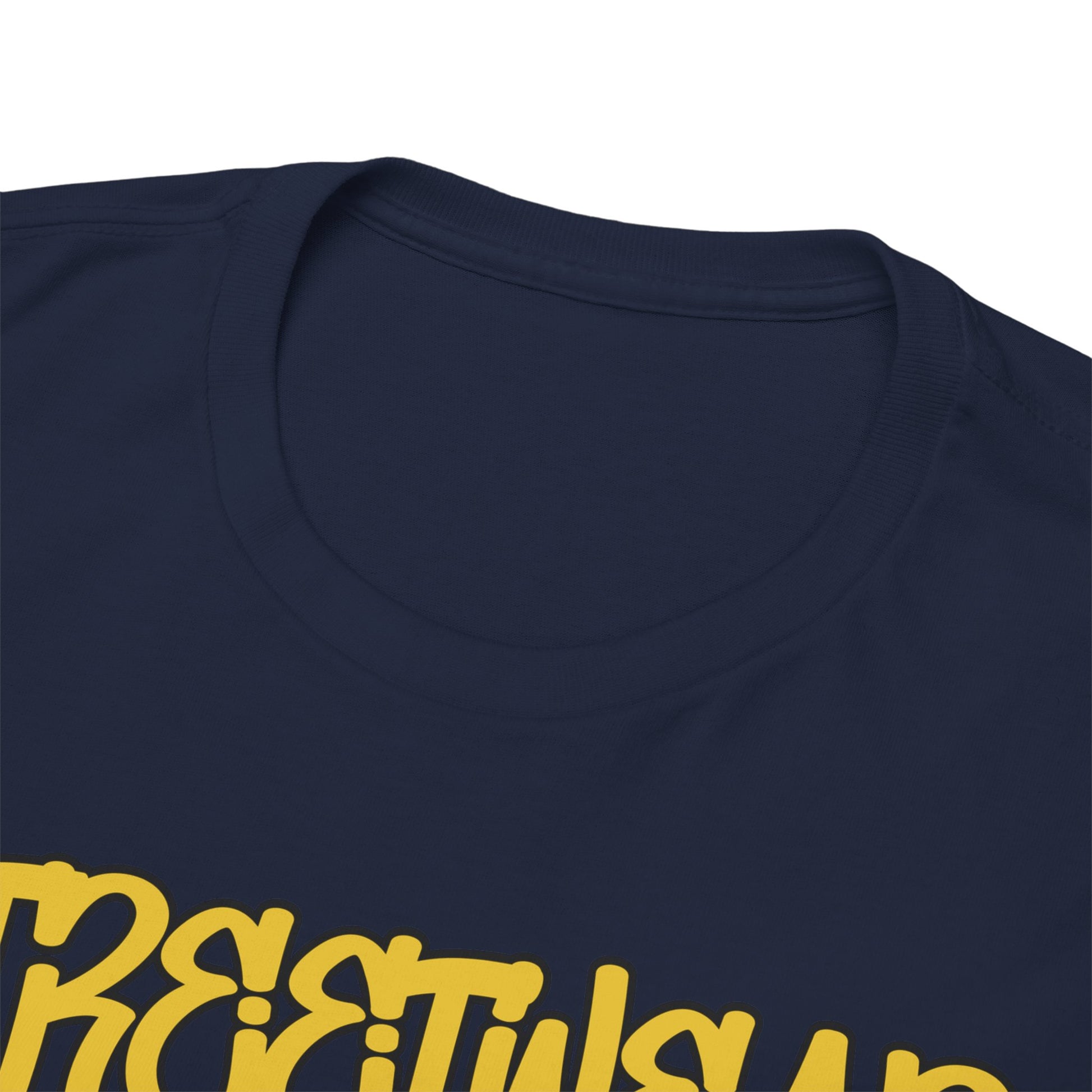 Close-up view of the luxurious neckline and soft fabric of a fashionable streetwear t-shirt, featuring distinctive 'STREETWEAR' typography in vibrant yellow.