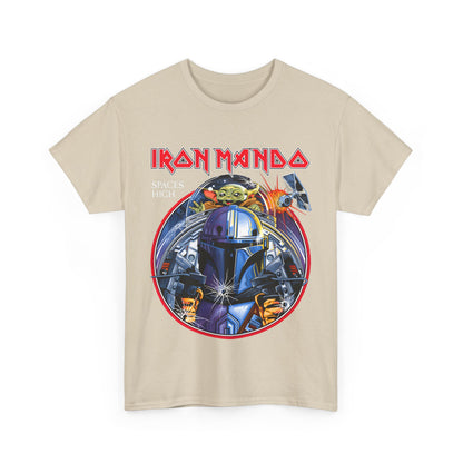 Iron Mando Graphic Tee in a stylish beige, featuring a captivating Mandalorian design with 'IRON MANDO' text, made for discerning Star Wars lovers.