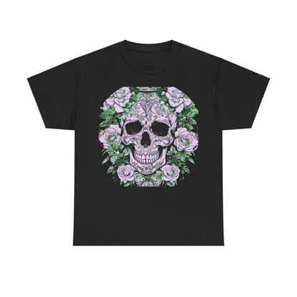 Luxurious Skulls and Roses Cotton Tee in black, showcasing a stunning steampunk skull design adorned with beautiful roses, ideal for unique fashion statements.