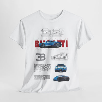 Luxurious Bugatti Chiron Men's T-Shirt in white featuring high-definition supercar imagery and intricate technical drawings, showcasing the iconic Bugatti design and performance specifications.