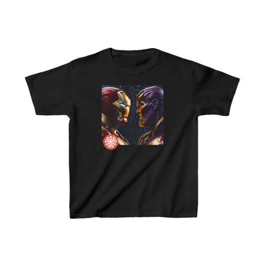 Kids Iron Man Heavy Cotton T-Shirt showcasing a luxurious print of Iron Man and Thanos, designed for ultimate superhero style in black.