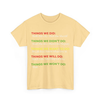 Rock Anthems Tribute Unisex Cotton T-Shirt Graphic Tee in a luminous yellow hue featuring inspiring phrases, perfect for music enthusiasts.