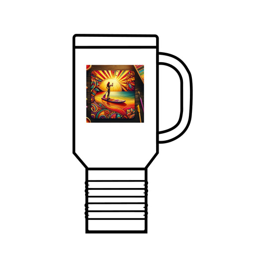 Fantasy Paddleboarding 40oz Insulated Travel Mug featuring a vibrant and whimsical design, perfect for adventure lovers and outdoor enthusiasts. This stainless steel travel mug combines luxury and functionality with a leak-proof lid and double-wall insulation.