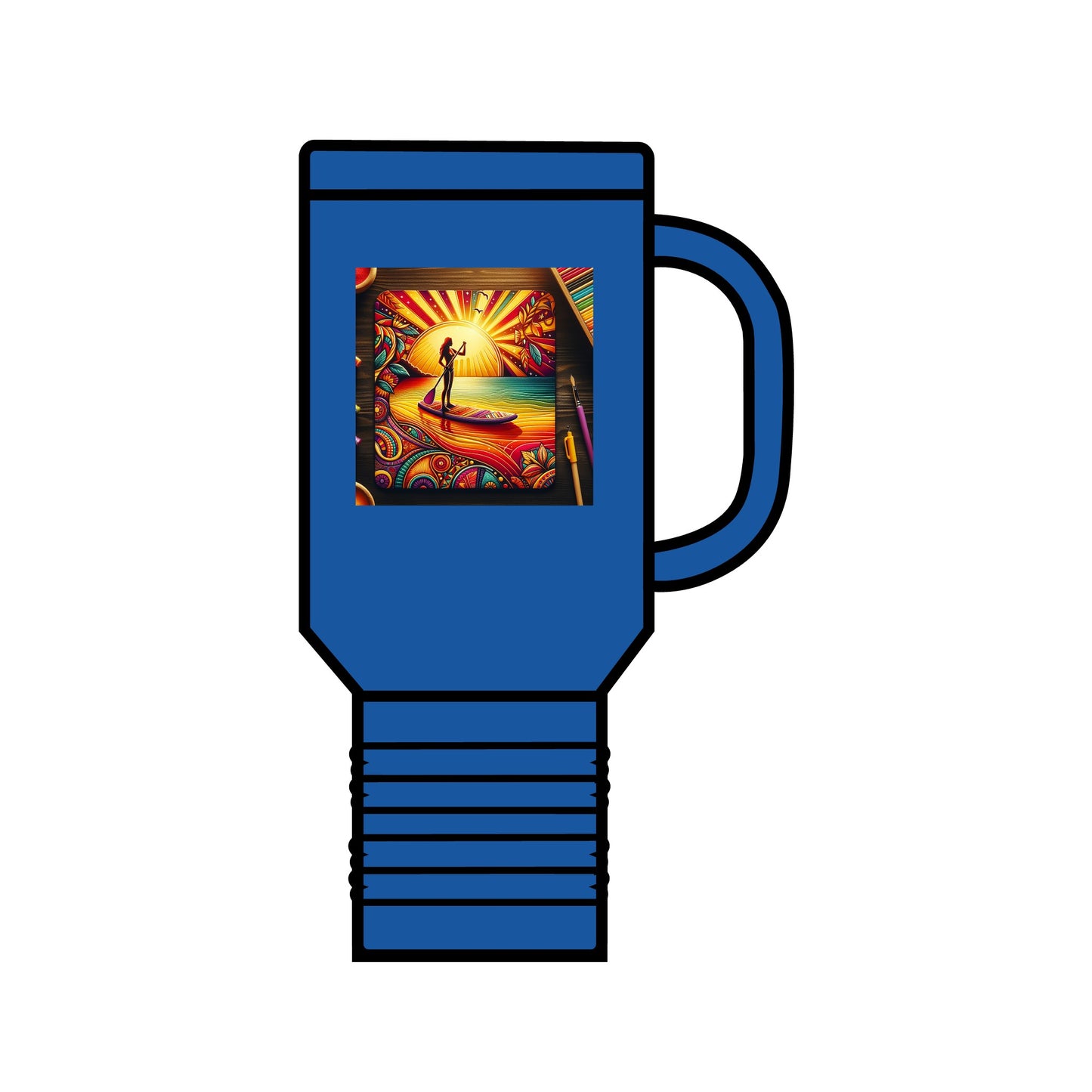 Fantasy Paddleboarding 40oz Insulated Travel Mug in blue, elegantly designed with vibrant paddleboarding artwork, perfect for keeping beverages hot or cold during outdoor adventures.