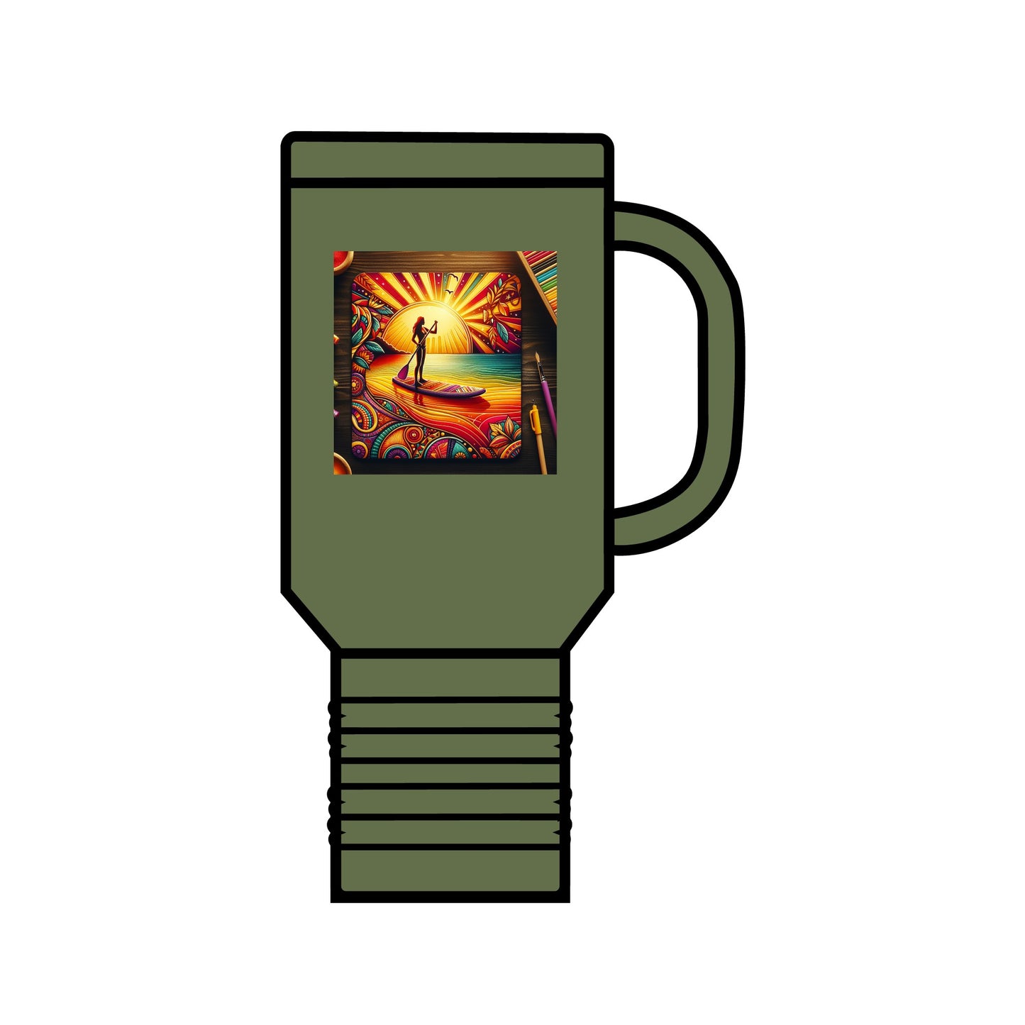 Fantasy Paddleboarding 40oz Insulated Travel Mug in a chic olive green, adorned with a whimsical paddleboarding illustration, perfect for keeping beverages at the right temperature.