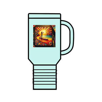Fantasy Paddleboarding 40oz Insulated Travel Mug in mint green, showcasing exquisite paddleboarding artwork, ideal for maintaining temperature and style on the go.
