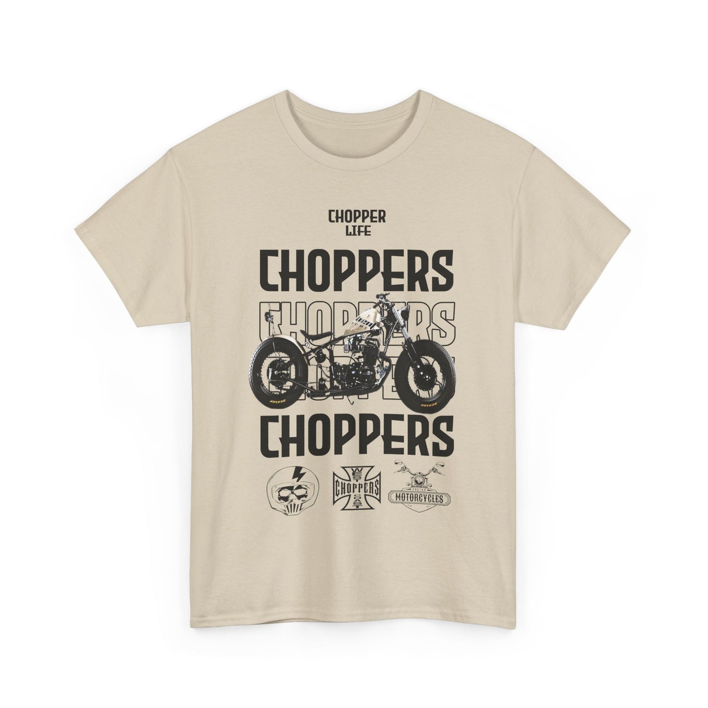 Fashionable beige men's t-shirt featuring bold choppers graphic and 'CHOPPER LIFE' text, showcasing a vintage motorcycle design.