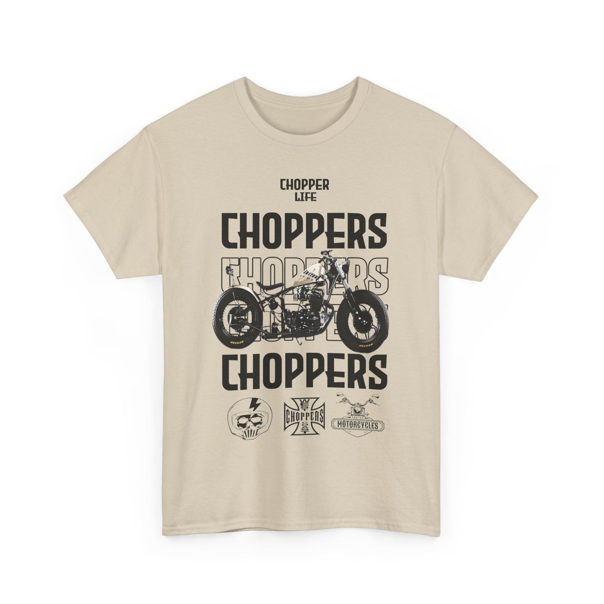 Men's beige t-shirt adorned with a striking chopper motorcycle graphic and 'CHOPPER LIFE' text, appealing to bike lovers.
