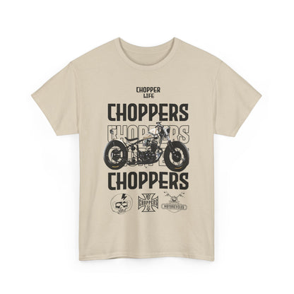 Men's beige t-shirt adorned with a striking chopper motorcycle graphic and 'CHOPPER LIFE' text, appealing to bike lovers.