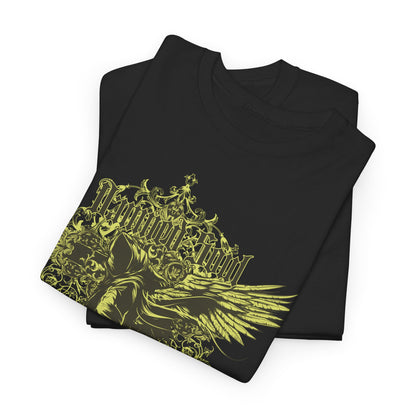 Luxurious black men's t-shirt featuring the striking graphic design 'Damned Soul' with intricate floral accents and dynamic wings, designed for a gothic fashion statement.