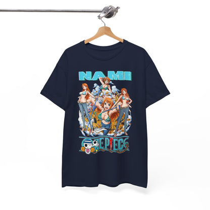 Stylish navy t-shirt elegantly displaying a dynamic Nami graphic from One Piece, featuring her in captivating poses, perfect for anime enthusiasts seeking a chic look.