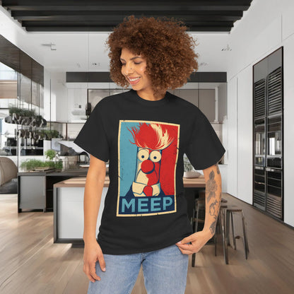 Luxury Muppets Beaker Meep Graphic T-Shirt displayed on a model in a modern kitchen setting, showcasing urban streetwear style.