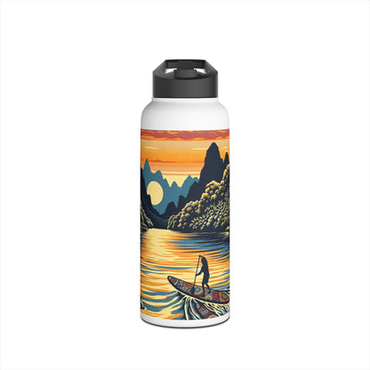 Chic Fantasy Paddleboarding Stainless Steel Water Bottle showcasing tranquil sunset over mountains, tailored for paddleboarding enthusiasts.