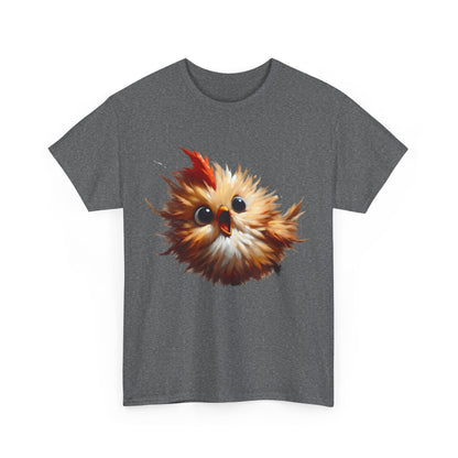 Explosive Joy Tee featuring a vibrant cartoon bird illustration, crafted in soft cotton, displayed on a stylish grey backdrop.