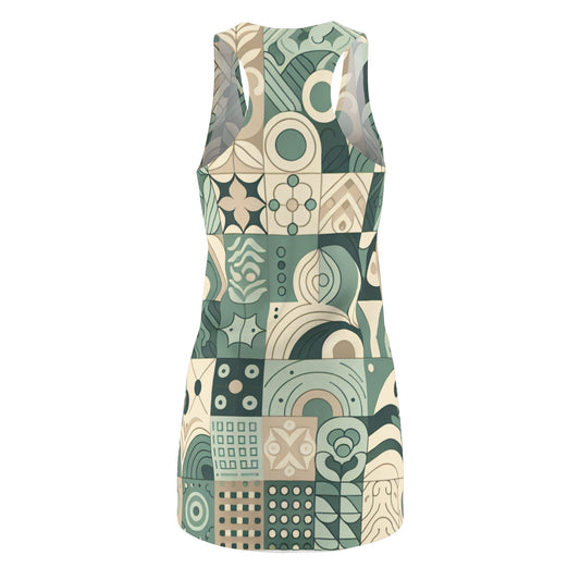 Aurelia Starling Racerback Dress displaying an elegant pastel green block print design, back view emphasising the flattering racerback style.