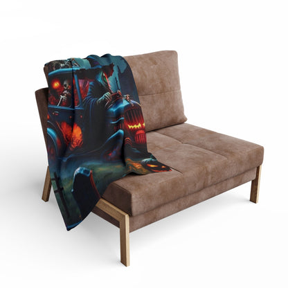 Elegant Decorative and Warm Halloween Spooky Arctic Fleece Blanket draped over a stylish couch, showcasing its festive design for cozy autumn evenings.