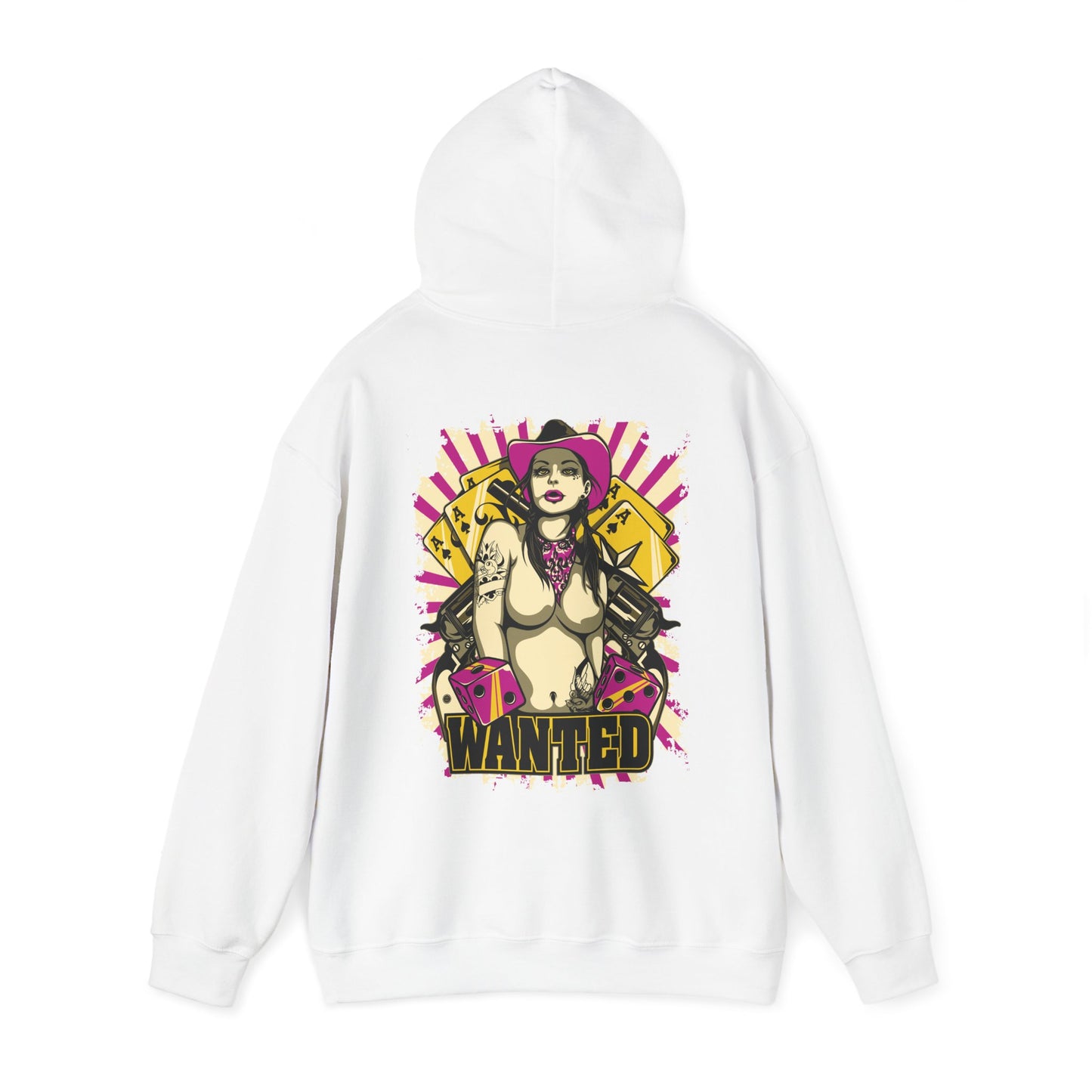 Chic white hoodie featuring an eye-catching back print of a bold female figure in a pink cowboy hat, complete with playful cards and dice, ideal for those who dare to stand out.