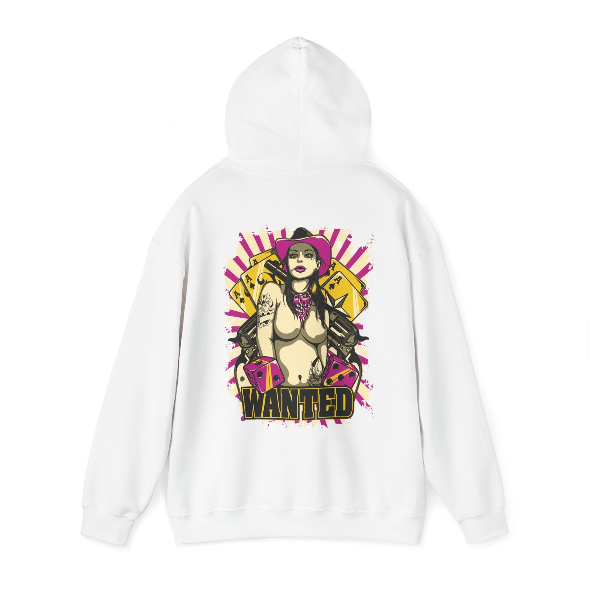 Chic white hoodie featuring an eye-catching back print of a bold female figure in a pink cowboy hat, complete with playful cards and dice, ideal for those who dare to stand out.