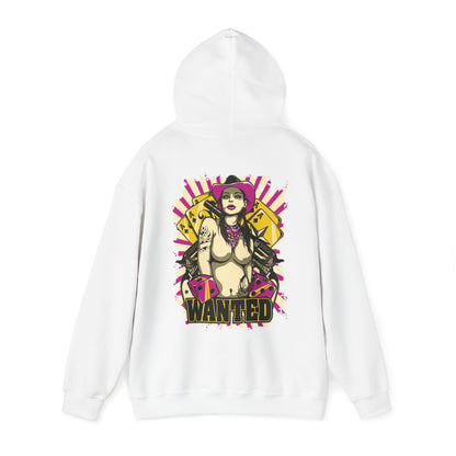 Chic white hoodie featuring an eye-catching back print of a bold female figure in a pink cowboy hat, complete with playful cards and dice, ideal for those who dare to stand out.
