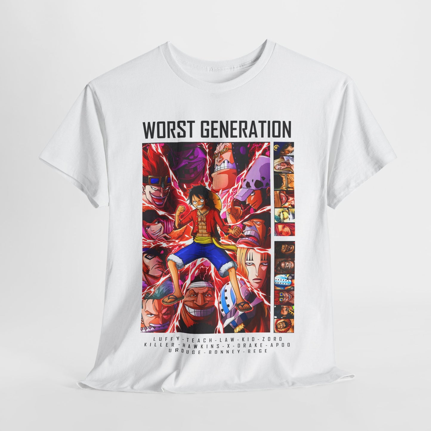 Exceptional 'Worst Generation' T-shirt draped elegantly to highlight bold graphics of iconic anime characters, perfect for a luxurious casual look.